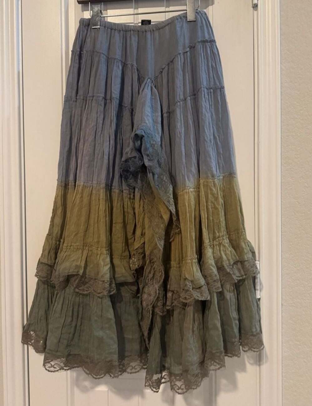 Y2K skirt etc. Boho Tiered Tie-Dye Lace Hem Maxi Skirt fairy whimsy cottagecore